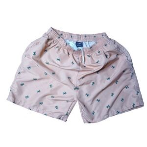 Wuhou Mens‎ Swim Trunks Peach Pink Grasshopper Print Mesh Lined Board Shorts